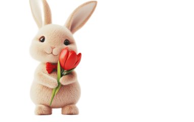 Whimsical bunny illustration featuring a tulip and subtle smile with a decorative neck bow isolated on transparent background PNG