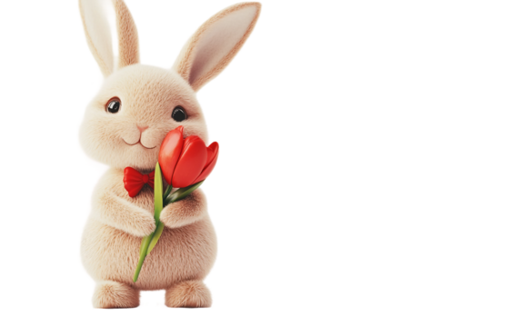 Whimsical bunny illustration featuring a tulip and subtle smile with a decorative neck bow isolated on transparent background PNG