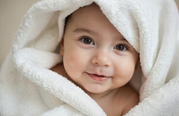 Adorable baby wrapped in soft white towel, smiling with bright eyes. Close-up portrait captures pure innocence, joy. Perfect for themes of childhood, new life, tender moments, evoking warmth,