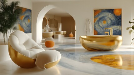 Luxurious, modern bathroom interior with gold accents