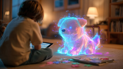 A child plays with a holographic dog on a tablet in a brightly lit living room setting.