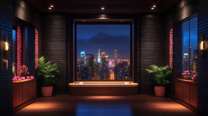 Luxurious penthouse bathroom with city view