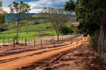 Obraz premium Dirt soil country road in countryside with green tree as tranquil nature travel in Brazil