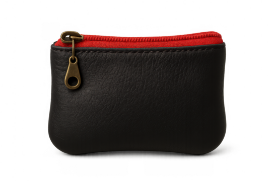 Closed black leather coin purse with red zipper isolated on transparent background, perfect for storing small items