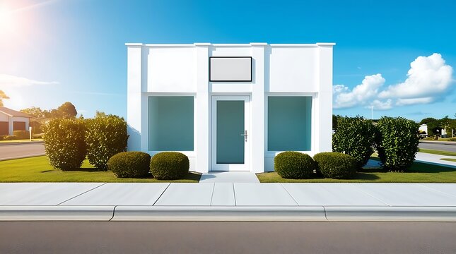 Bright and minimalist white shop facade stands out on a sunny suburban roadside, surrounded by a few small bushes with lush green leaves on each side of the door.