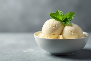 A scoop of vanilla ice cream, garnished with fresh mint leaves, sits in a bowl against a grey backdrop , bowl, vanilla, leaves