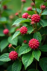 Dense thimbleberry bush covered in vibrant flowers and lush green leaves , nature, overgrowth