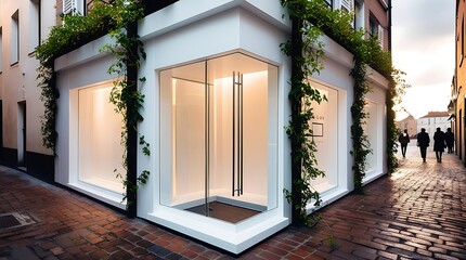 A white shopfront facade with a sleek glass front door and minimalist signage, located in a narrow urban alley, with worn brick pavement, deep side shadows, and some lush green climbing plants.