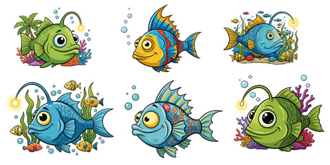 Colorful hand-drawn cartoon angler fish characters with glowing lures and tropical coral, playful and whimsical vector illustrations, perfect for kids’ aquarium-themed designs and prints. (1)