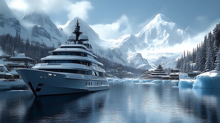 Luxurious yacht in a snowy mountain valley