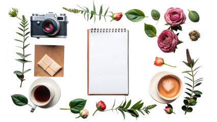 Flat lay of a vintage camera notebook coffee cups and floral elements isolated on transparent background