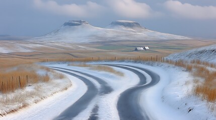 Winding snowy road through a winter landscape