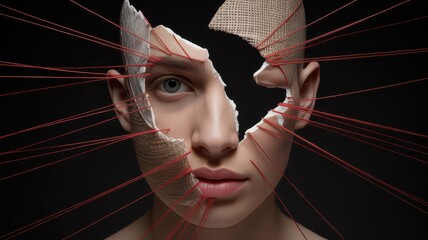 Young woman with a cracked face and threads expressing uniqueness  