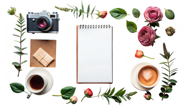 Flat lay of a vintage camera notebook coffee cups and floral elements isolated on transparent background