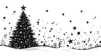 Winter Christmas tree silhouette with snow and music notes