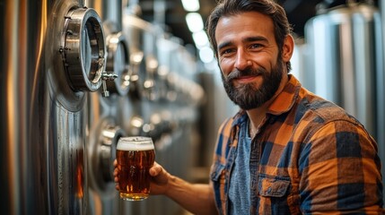 Craft Brewer Smiling with Beer in Modern Brewery, Showcasing Artisan Brewing Culture