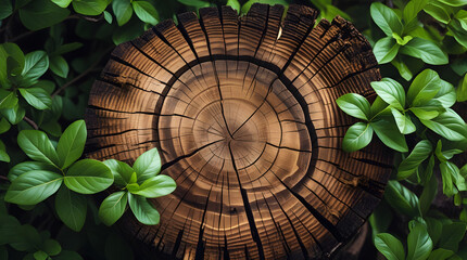 A tree stump with detailed growth rings is surrounded by fresh green leaves, forming a natural and earthy background.
