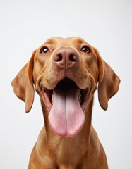Adorable brown dog with tongue sticking out smiles happily. Close-up studio portrait captures playful expression, wet nose. Purebred puppy evokes joy, companionship, perfect for pet-related themes.