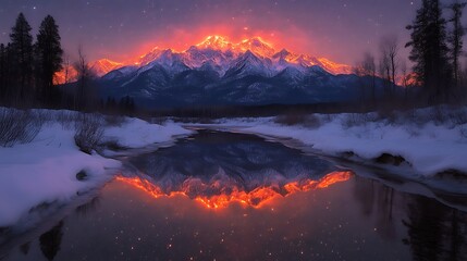 Winter mountain reflection at dawn
