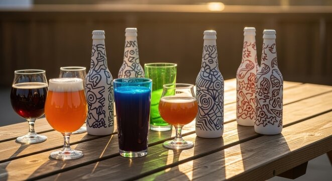 Various beer glasses and bottles on a wooden table. Global Beer Day celebration concept. Different types of ale for party.