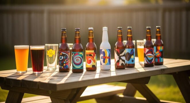 Assortment of craft beer bottles and glasses with different beers on a wooden picnic table at sunset. International Beer Day celebration.