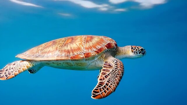Majestic Sea Turtle Glides Gracefully Through Crystal Clear Blue Ocean Waters
