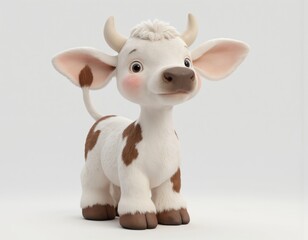 3D illustration of a cute baby cow with brown spots on white background. This adorable cartoon farm animal features big ears and a friendly smile, perfect for agriculture or dairy concepts.