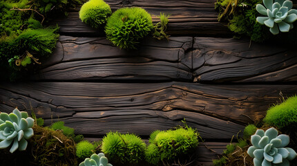 Lush green moss covering a dark wooden wall in a vibrant natural setting.
