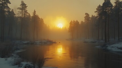 Winter sunrise over a misty river
