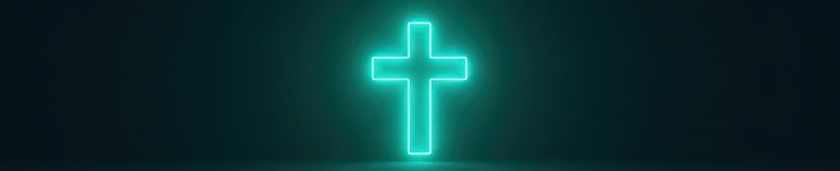 Fototapeta premium Teal neon cross glowing vibrantly against a dark backdrop , teal, art