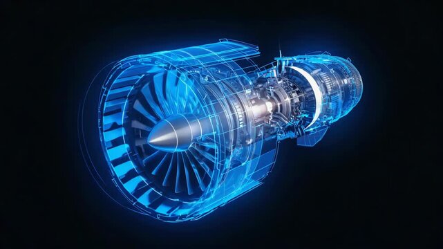 High-tech wireframe model of a modern aircraft jet engine, rendered in glowing blue tones, mechanical engineering, aerospace innovation, and advanced propulsion system design for aviation industries.
