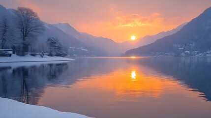 Winter sunrise over a serene lake