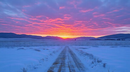 Winter sunrise over a snowy road