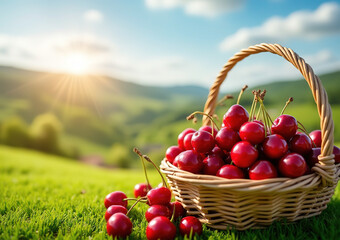 Fresh Cherries on a Wooden Table with Scenic Hills

