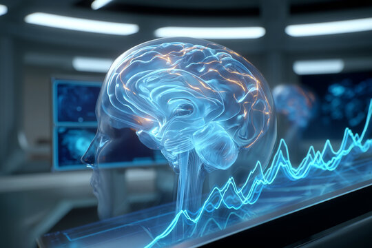 Brain scan with data analysis in laboratory - Powered by Adobe