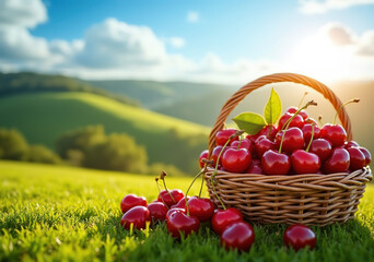 Fresh Cherries on a Wooden Table with Scenic Hills

