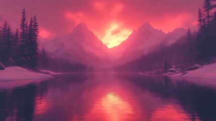 Winter sunset over a mountain lake