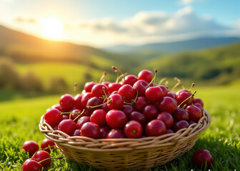 Fresh Cherries on a Wooden Table with Scenic Hills

