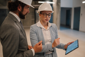 Architects using digital tablet discussing blueprint in building under construction