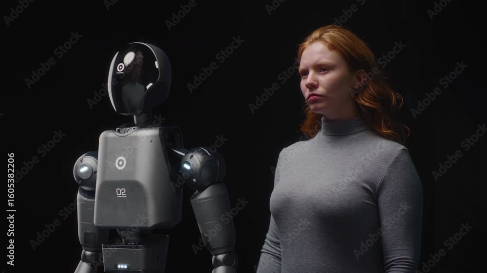 Poster vfx animation of futuristic people and robots concept: visualization of young woman standing with ad