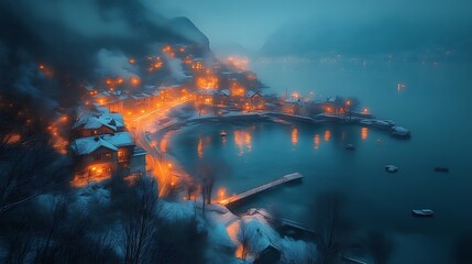 Winter village by a misty lake at night