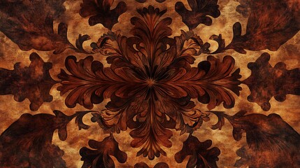 Ornate, symmetrical, dark-brown floral pattern on a light-brown wood-grain background