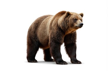 Fototapeta premium Majestic brown bear stands isolated on clean white background. Powerful mammal, likely grizzly, displays thick fur, formidable presence. Portrait captures wild animal head, upper body, hinting at