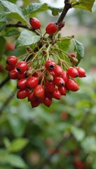 Obraz premium Cluster of ripe red berries grows on plant branch with green leaves. Healthy fruits, small, round, show slight dimple at ends. Ideal for natural food photography, autumn harvest themes, garden