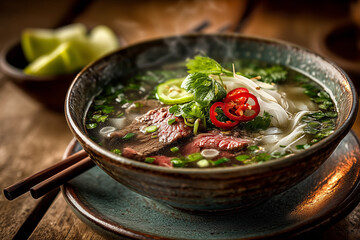 Bowl of Beef Pho soup garnished with chili peppers and green herbs.