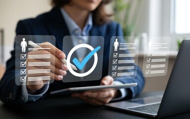 Person using a tablet to select a verified option with a checkmark, illustrating recruitment or selection process.