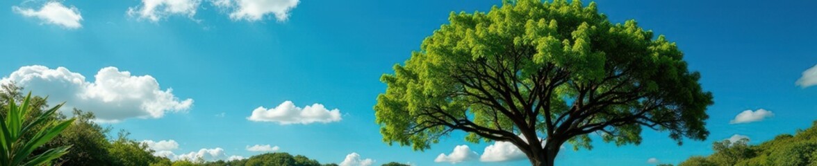 Fototapeta premium Dense foliage of gajumaru tree against vibrant blue sky, leaves, nature