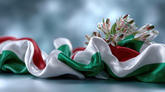 Red white green wavy fabric drapes with fresh white blooms. This national flag arrangement symbolizes Hungary national day, Saint Stephen Day, Constitution Day, and Foundation Day.
