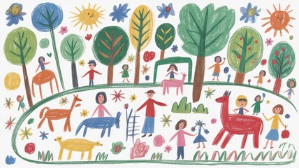 Children playing with animals in a vibrant outdoor scene concept of uniqueness  