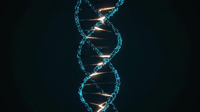 Digital rendering of a vertically spinning DNA strand with glowing electric sparks visualizes genetic engineering, biomedical research, and next-generation DNA manipulation for healthcare technology. - Powered by Adobe